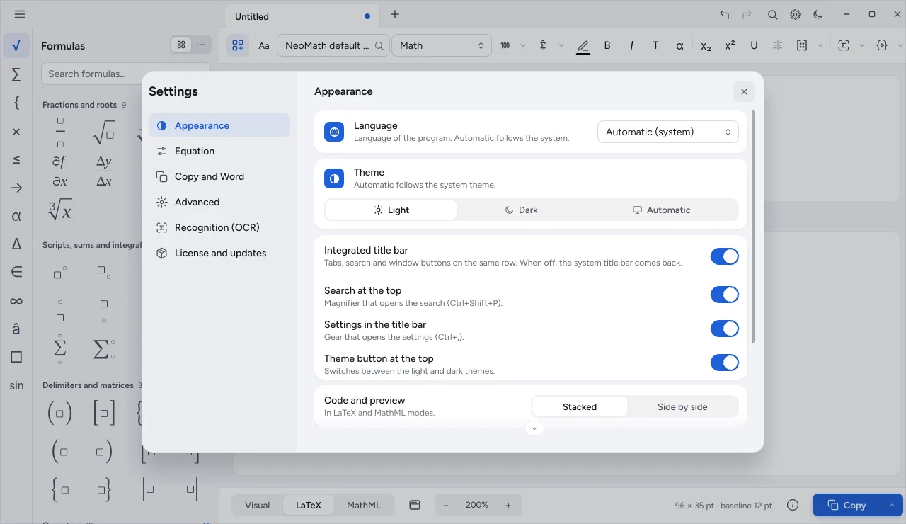 NeoMath style and font options