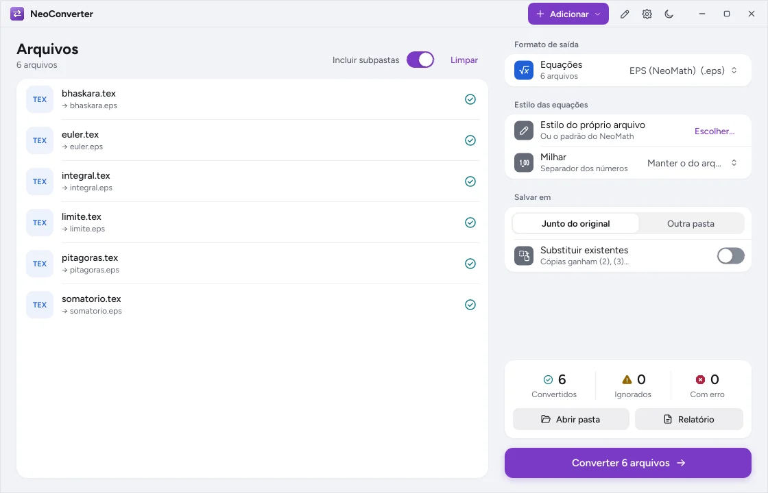 Resultado da conversão com convertidos, ignorados e com erro